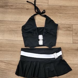 Black and White Halter Top and Skirt Lingerie Set, Size MEDIUM
